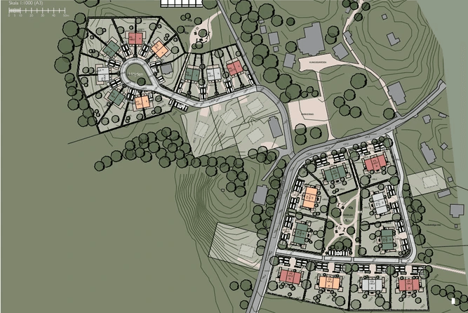 Illustrerad översikt över bostadsområde med stora grönytor omkring.