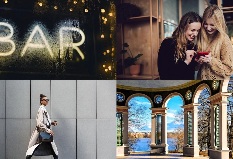 Kollage som visar upp stämningen i Hagastaden - en skylt med ordet "Bar", en kvinna som går längs en husfasad samt en utsikt från Hagaparken.