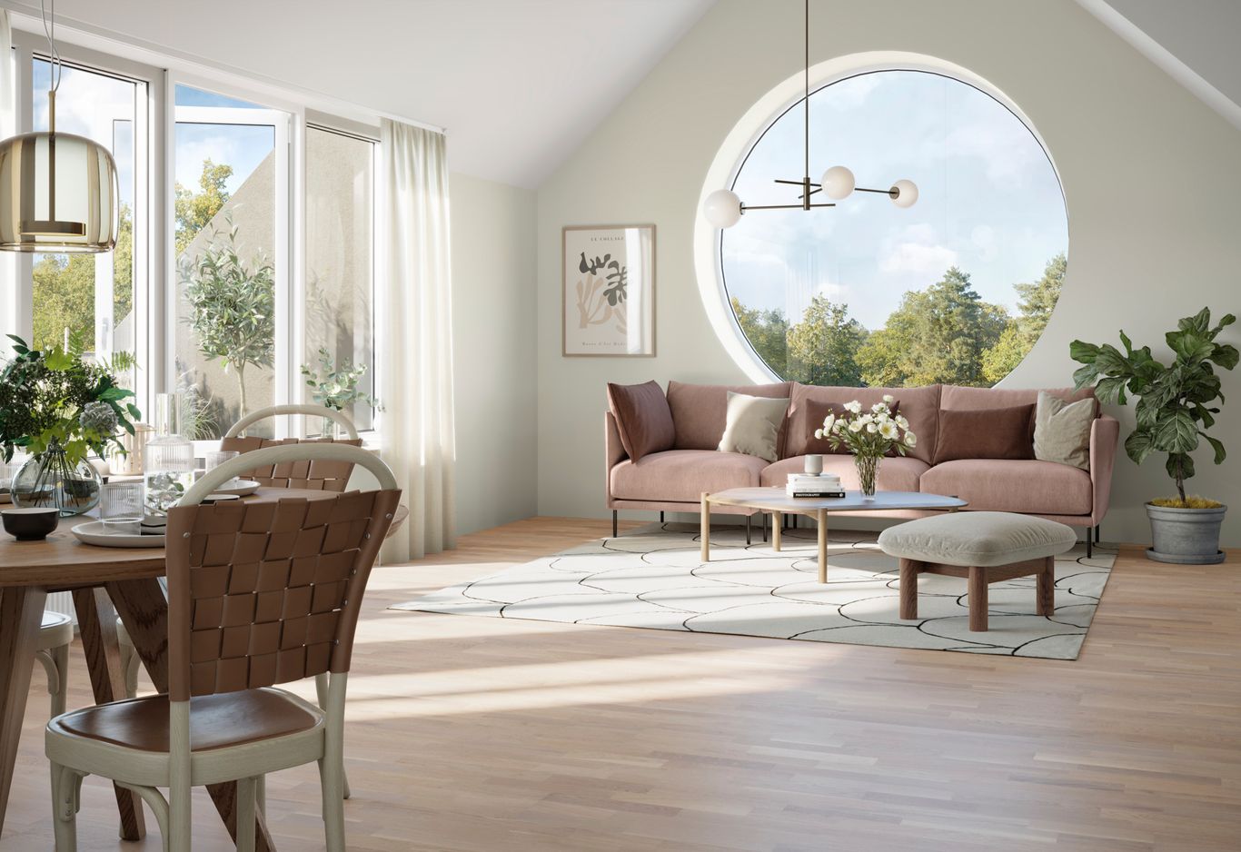 Vardagsrum med utgång till terrass och utsikt genom runt fönster