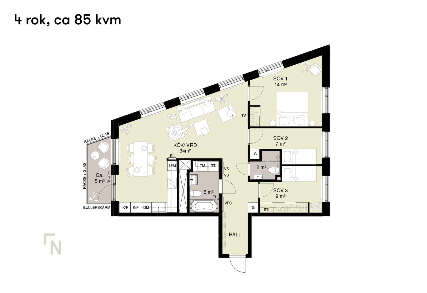 Planlösning på en 4-rumslägenhet, ca 85 kvm, inklusive tre sovrum, ett vardagsrum, två badrum, en balkong, samt en köksdel.