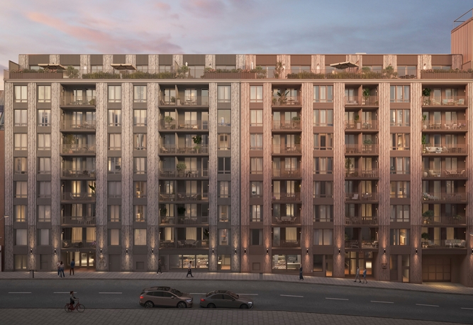 House of Nelly. Ett modernt flerfamiljshus vid Nordenflychtsvägen med balkonger och stora fönster i solnedgången, med bilar parkerade framför.