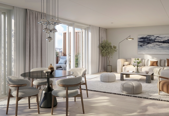 House of Nelly. Modernt vardagsrum och matplats med neutrala toner, runt bord, stoppade stolar, soffa och stora fönster med skira gardiner.