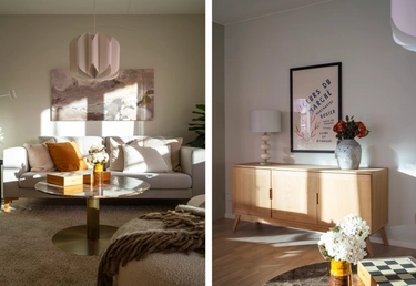 Kollage med två bilder från ett vardagsrum i neutrala toner med soffa, soffbord, skänk och dekorativa accenter.