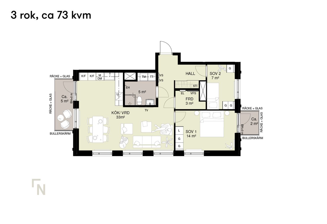 Planlösning på en lägenhet på 73 kvm med två sovrum, kök, vardagsrum, badrum, hall och balkong.