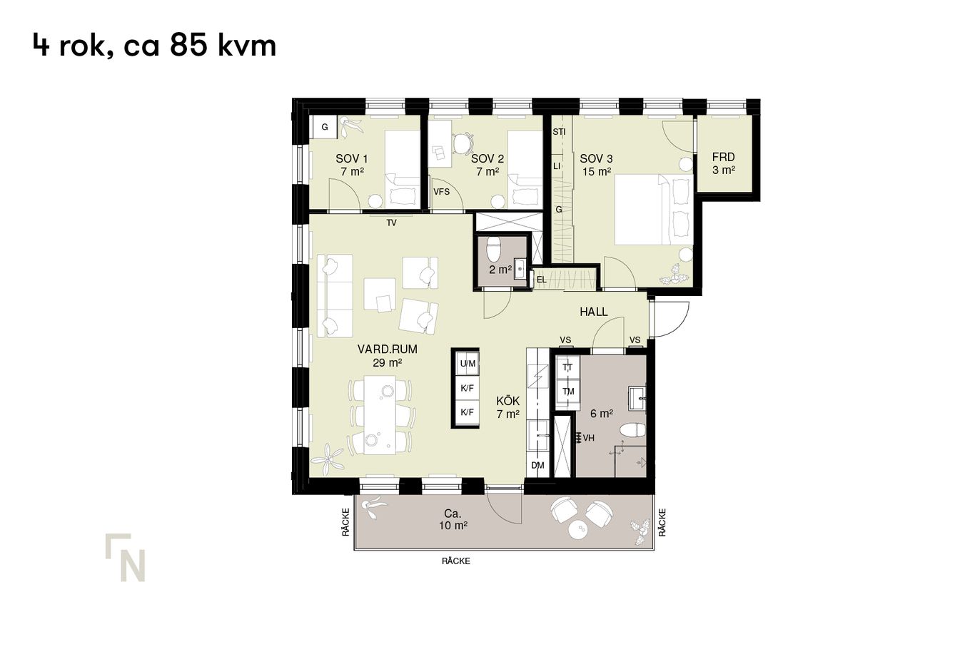 Planlösning på en fyrarumslägenhet, 85 kvadratmeter, inklusive tre sovrum, ett vardagsrum, kök, två badrum och en hall.
