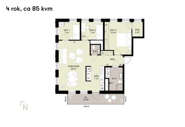 Planlösning på en fyrarumslägenhet, 85 kvadratmeter, inklusive tre sovrum, ett vardagsrum, kök, två badrum och en hall.