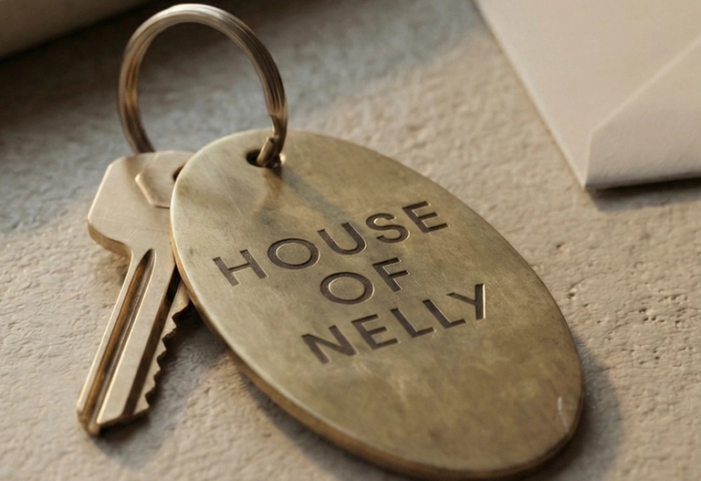En metallnyckel och en oval tagg graverad med "HOUSE OF NELLY" vilar på en plan yta.