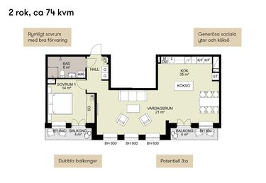 Planlösning 2 rok 74 kvm
