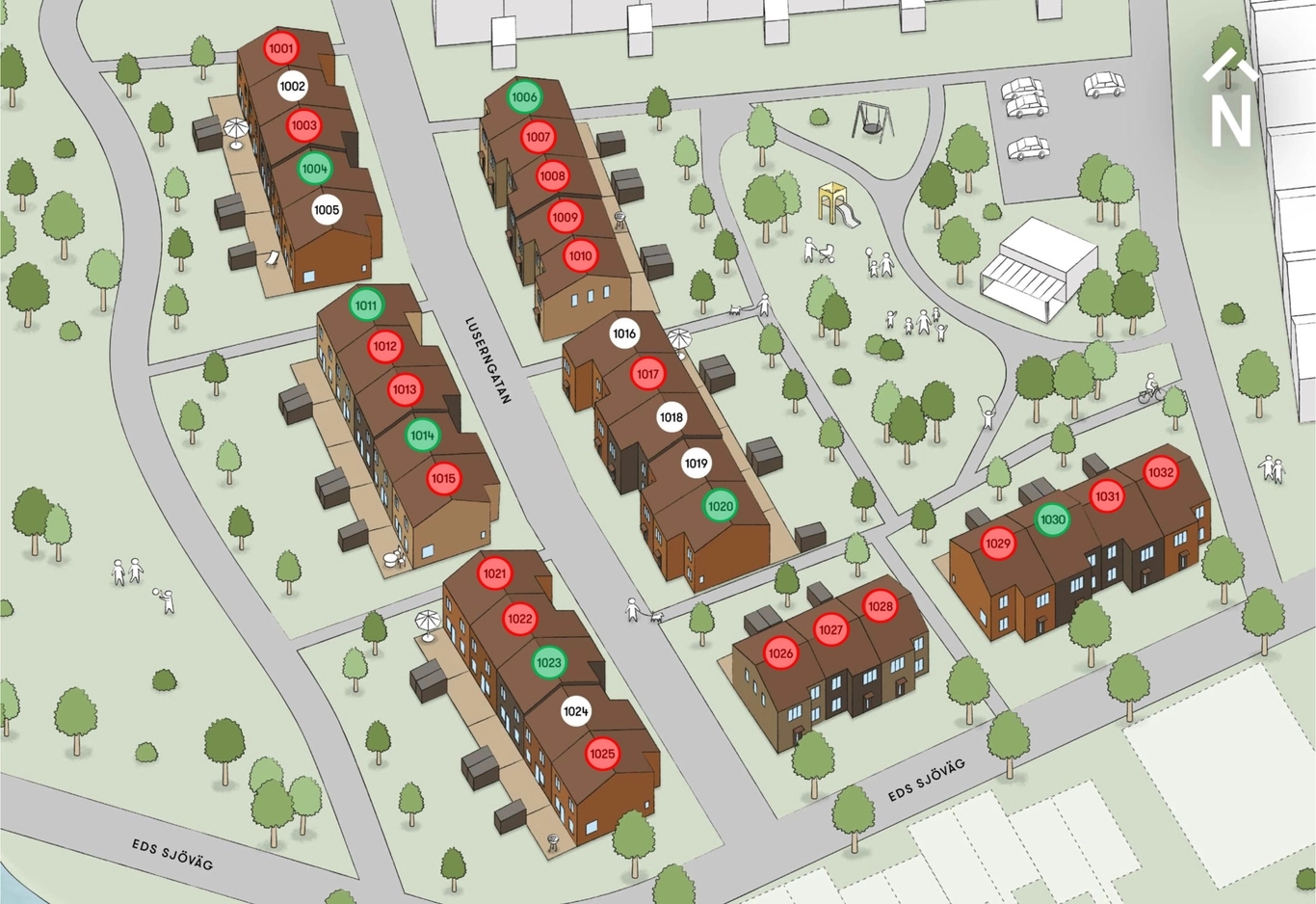 Situationsplan Sjöstråket med markering vilka bostäder som är sålda och tillsalu.