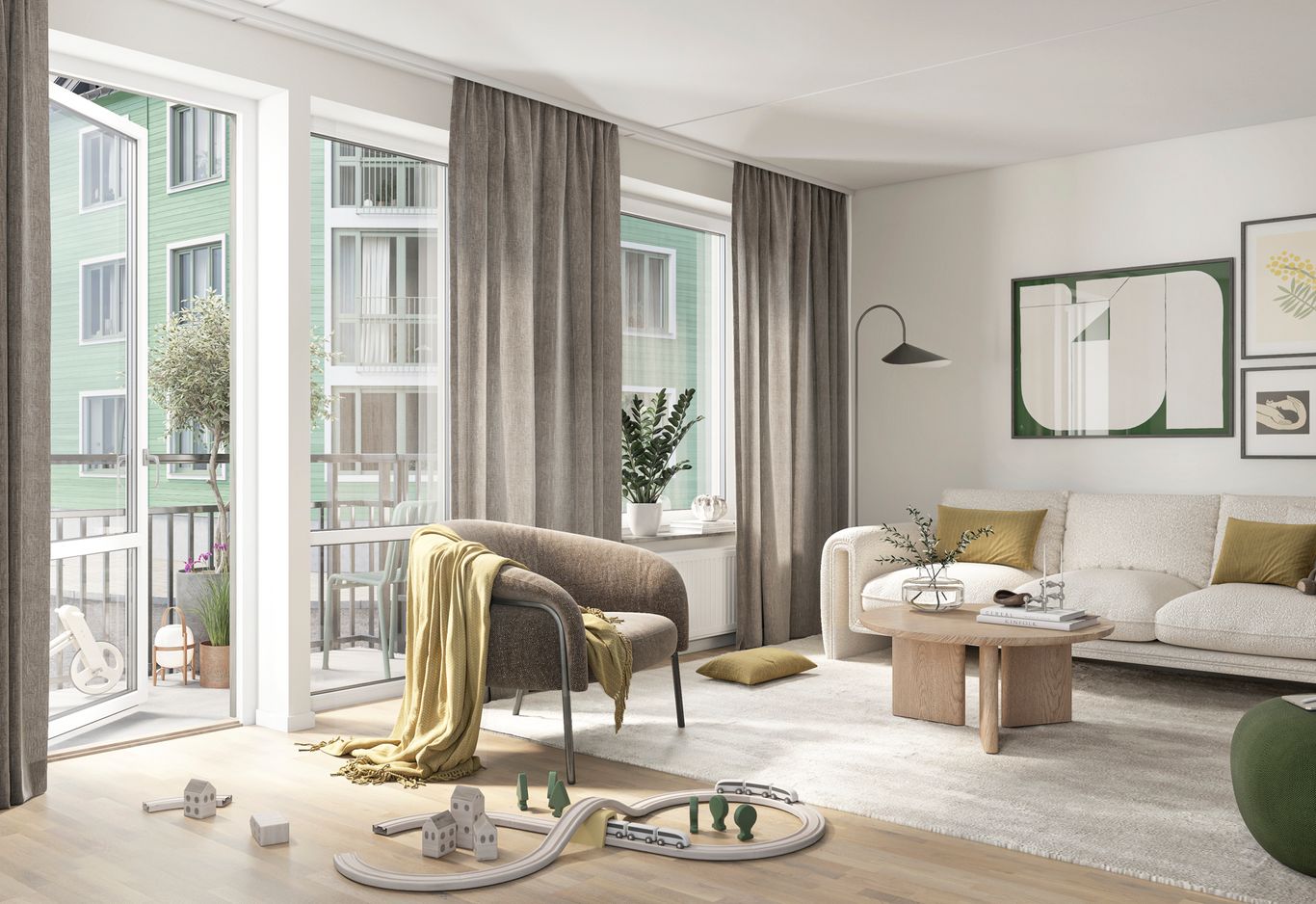 Vardagsrum med neutrala färger i inredning, leksaker på golvet, stora fönster och utsikt över grannskapet.