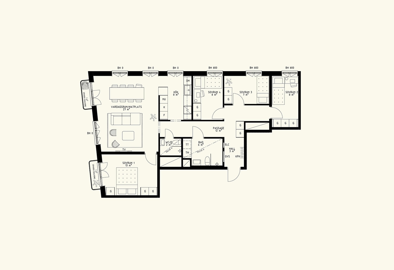 Planritning över modern lägenhet med 3 sovrum, vardagsrum, kök, badrum och två balkonger. 