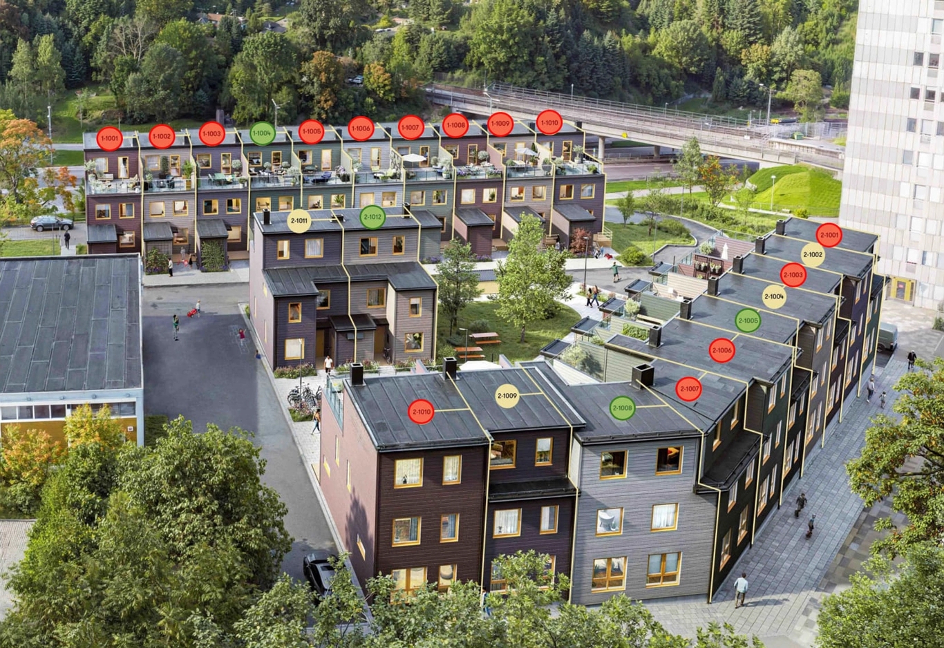 Översiktsbild över radhusområde i Råcksta.