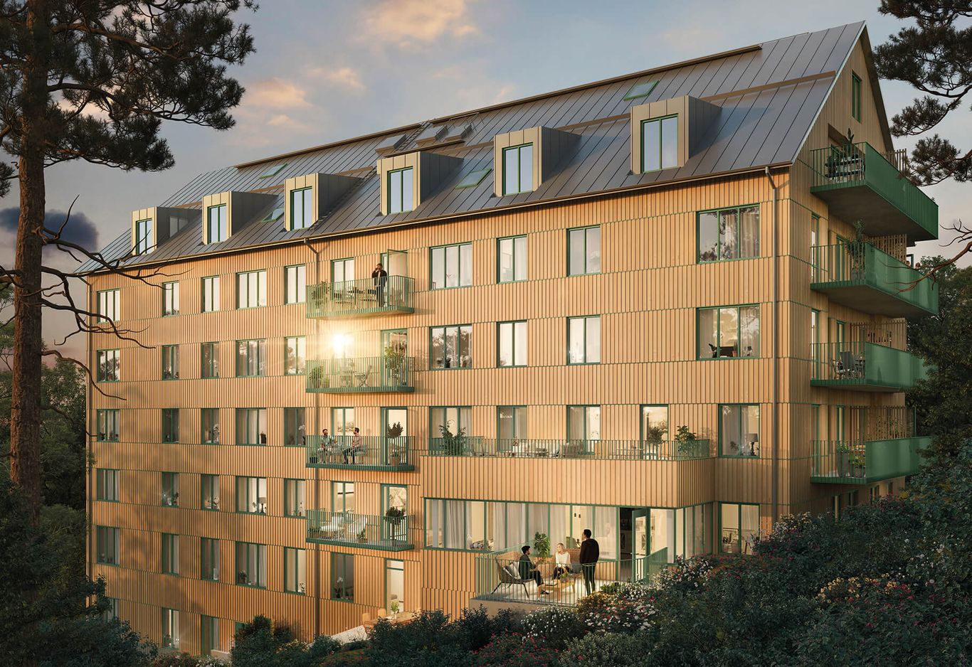 Modernt bostadshus med träbeklädnad, glasbalkonger och frodig grönska i förgrunden, 3D-rendering av Lilla häll.
