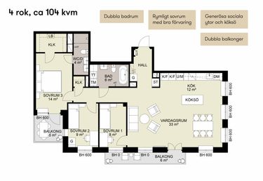 Planlösning 4 rok 104 kvm