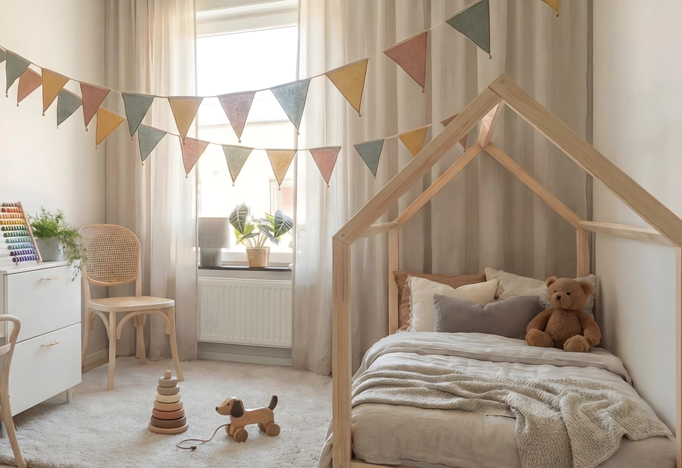 Ljust barnrum med hussäng, pastellfärgad vimpelgirlang, trämöbler och leksaker på mjuk matta.