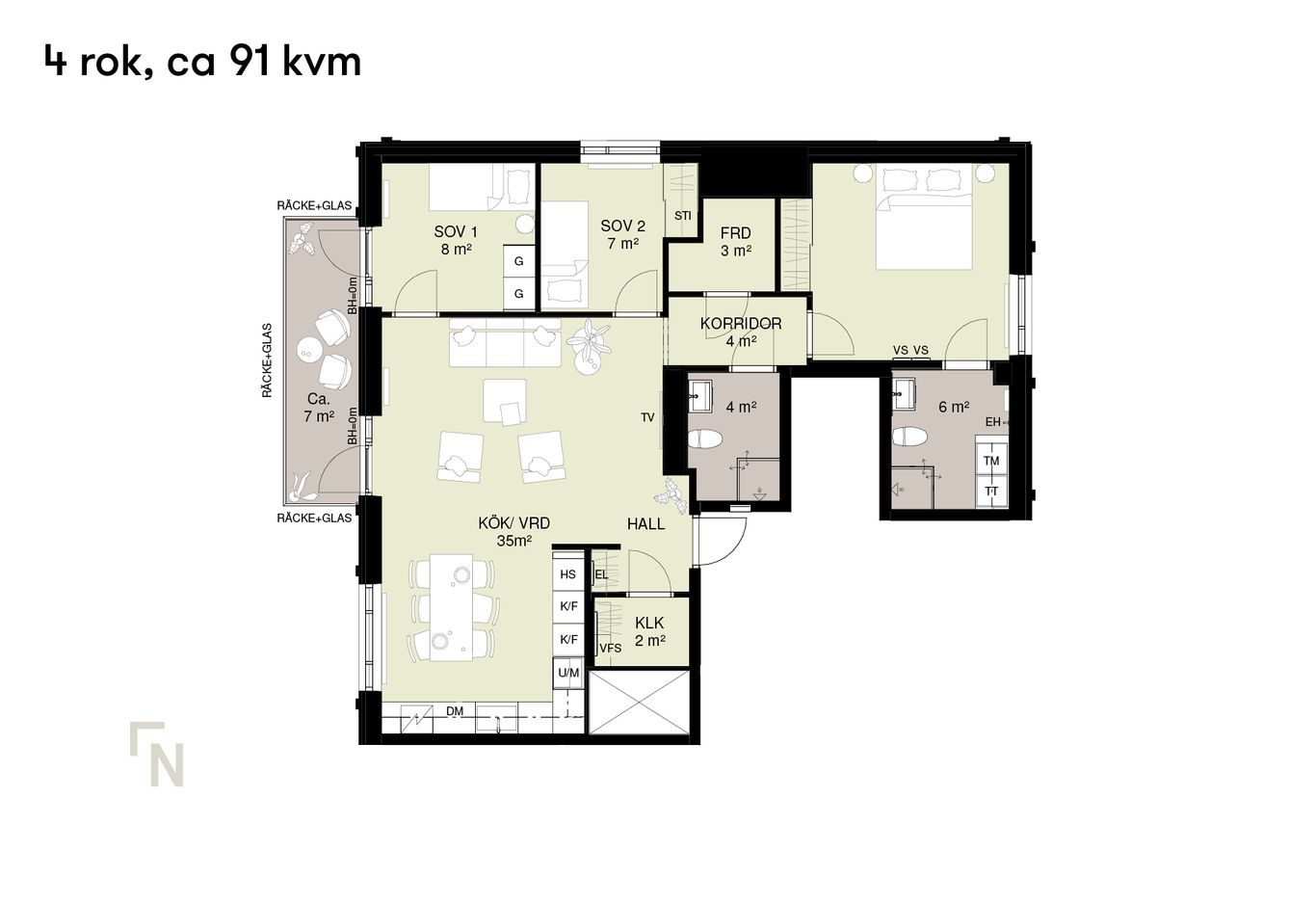 Planritning av lägenhet märkt "4 rok, ca 91 kvm" som visar kök/vardagsrum, två sovrum, badrum, korridor, hall och förråd.