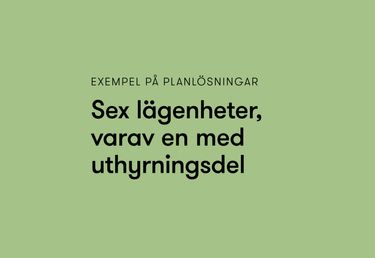 Grön bakgrund med svensk text: "Exempel på planlösningar. Sex lägenheter, varav en med uthyrningsdel," 