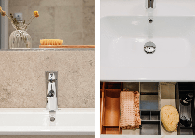 Delad bild: vänster sida visar ett handfat med borste och vas; höger sida visar en organiserad handfatlåda.