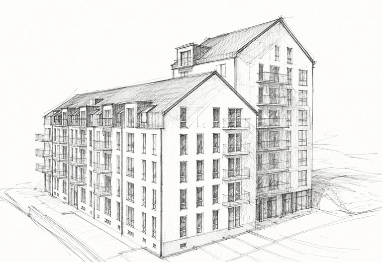 Skiss över flerbostadshuset med höghusdel och låghusdel.