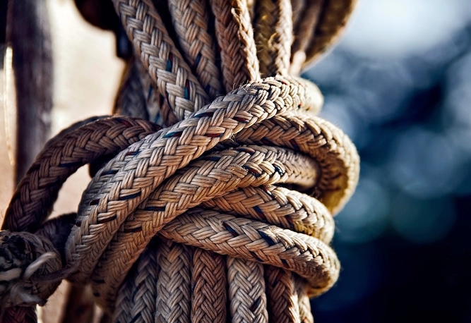 Närbild av tjocka, flätade rep hårt knutna ihop, med en suddig bakgrund.