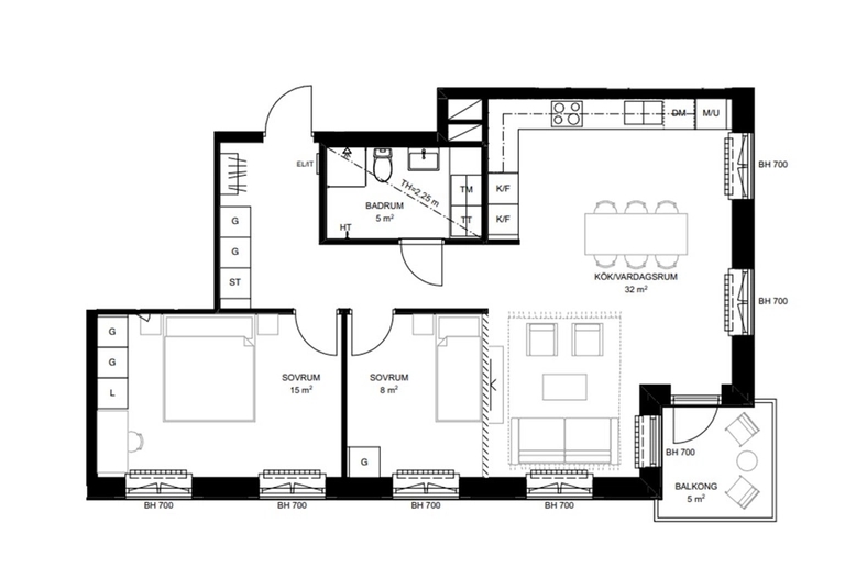 Planritning, lägenhet 74 kvm, Fransyskan