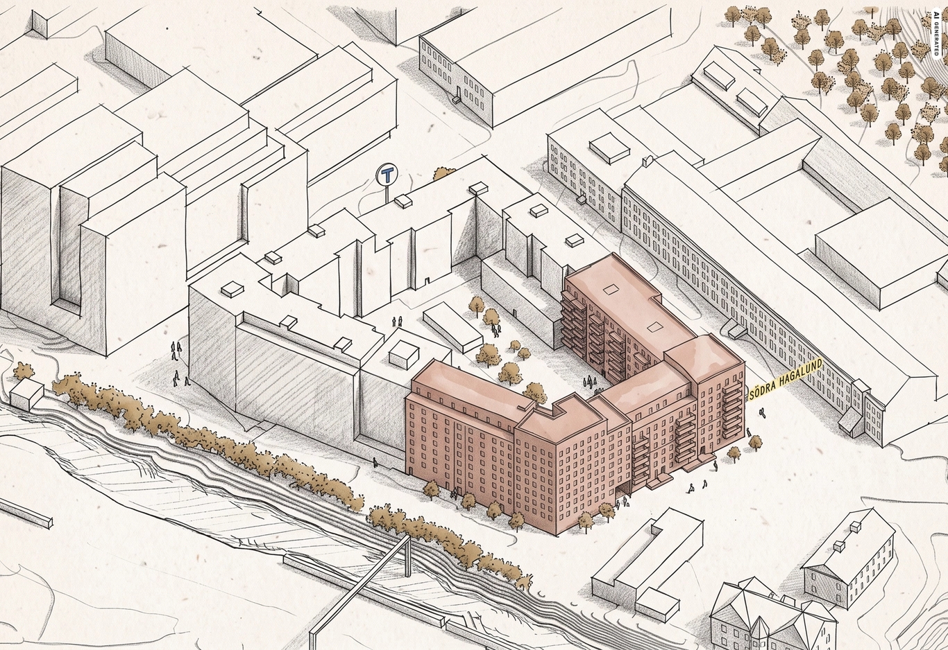 Arkitektskiss: Flygvy över ett stort U-format bostadskomplex med rödbruna fasader, trädgård på innergården och omgivande bebyggelse.